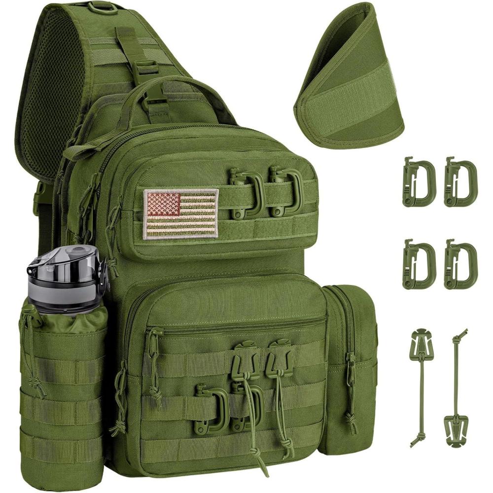 imageCVLIFE Tactical Sling Bag Backpack for Men Military Shoulder Sling Bag Molle Army Assault Detachable Tactical Bag with Bottle Holder Concealed Carry Daily Day Pack Work Bag for EDC Hiking BlackGreen