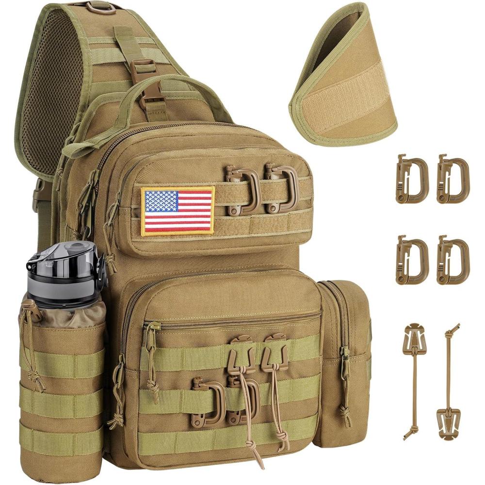 imageCVLIFE Tactical Sling Bag Backpack for Men Military Shoulder Sling Bag Molle Army Assault Detachable Tactical Bag with Bottle Holder Concealed Carry Daily Day Pack Work Bag for EDC Hiking BlackKhaki