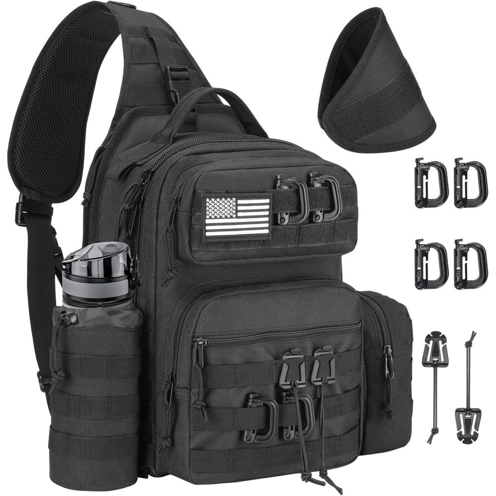imageCVLIFE Tactical Sling Bag Backpack for Men Military Shoulder Sling Bag Molle Army Assault Detachable Tactical Bag with Bottle Holder Concealed Carry Daily Day Pack Work Bag for EDC Hiking BlackBlack