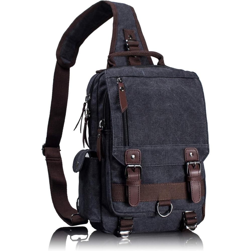 imageLeaper Retro Crossbody Bag Sling Bag Canvas Messenger Bag for Men Women Shoulder Bag Crossbody Handbags Satchel Travel BagAblack 1