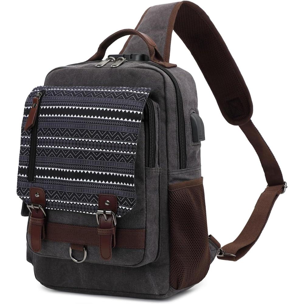 imageLeaper Retro Crossbody Bag Sling Bag Canvas Messenger Bag for Men Women Shoulder Bag Crossbody Handbags Satchel Travel BagBlackgeometric