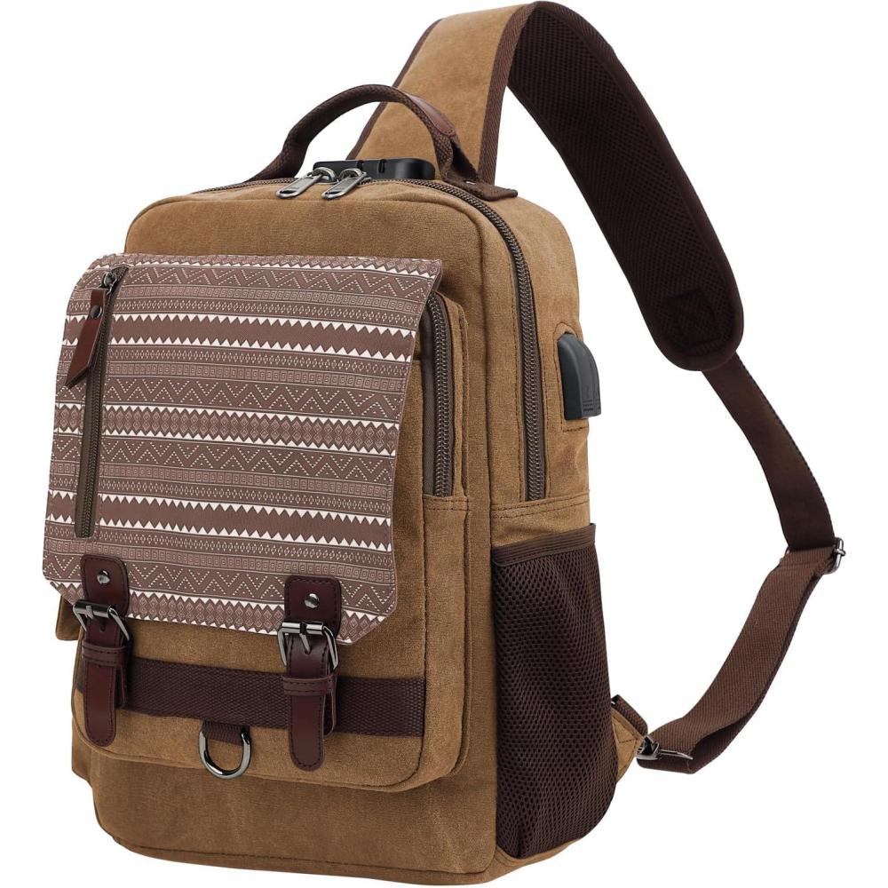 imageLeaper Retro Crossbody Bag Sling Bag Canvas Messenger Bag for Men Women Shoulder Bag Crossbody Handbags Satchel Travel BagCoffeegeometric