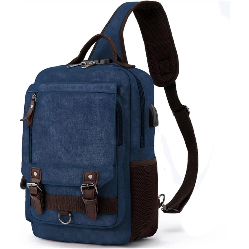 imageLeaper Retro Crossbody Bag Sling Bag Canvas Messenger Bag for Men Women Shoulder Bag Crossbody Handbags Satchel Travel BagDark Blue 2