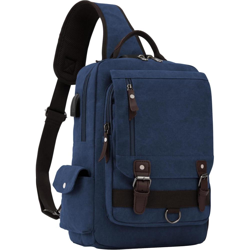 imageLeaper Retro Crossbody Bag Sling Bag Canvas Messenger Bag for Men Women Shoulder Bag Crossbody Handbags Satchel Travel BagDark Blue 3