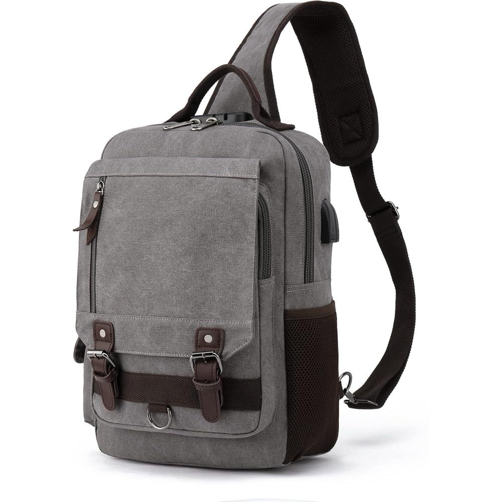 imageLeaper Retro Crossbody Bag Sling Bag Canvas Messenger Bag for Men Women Shoulder Bag Crossbody Handbags Satchel Travel BagGray 2
