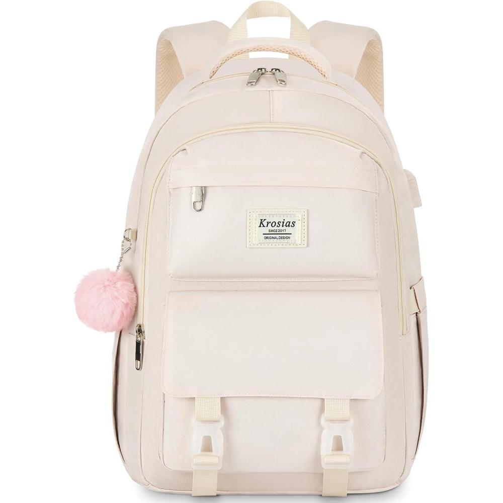 imageSchool Backpack for Girls Teens Cute Aesthetic College Backpacks Large 156 Inch Laptop Bag Preppy Bookbag for Women Students Travel Khaki BeigeBeige