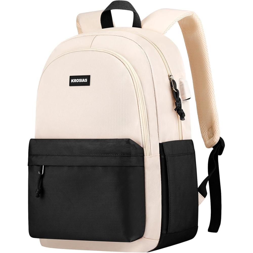 imageSchool Backpack for Teens Girls Cute Student Bookbag Large 156 Inch Laptop Bag Aesthetic College Backpacks for Women High School Travel Khaki BeigeBlack Beige