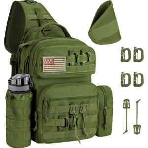 CVLIFE Tactical Sling Bag Backpack for Men Military Shoulder Sling Bag Molle Army Assault Detachable Tactical Bag with Bottle Holder Concealed Carry Daily Day Pack Work Bag for EDC Hiking, Black(Green)
