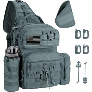 CVLIFE Tactical Sling Bag Backpack for Men Military Shoulder Sling Bag Molle Army Assault Detachable Tactical Bag with Bottle Holder Concealed Carry Daily Day Pack Work Bag for EDC Hiking, Black(Grey)