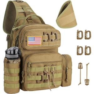 imageCVLIFE Tactical Sling Bag Backpack for Men Military Shoulder Sling Bag Molle Army Assault Detachable Tactical Bag with Bottle Holder Concealed Carry Daily Day Pack Work Bag for EDC Hiking BlackKhaki