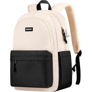 School Backpack for Teens Girls, Cute Student Bookbag Large 15.6 Inch Laptop Bag Aesthetic College Backpacks for Women High School Travel (Khaki Beige)(Black Beige)