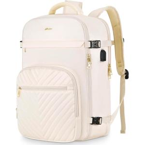 Travel Backpack for Women, Carry On Backpack for Airplanes Flight Approved, Waterproof Large Weekender Overnight Bag Fit 17 Inch Laptop with USB Charging Port, Black(Beige)