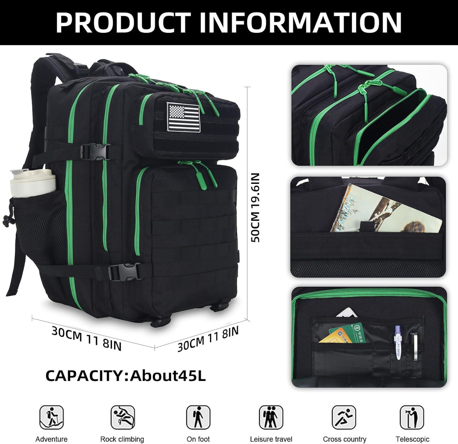 image45L Tactical Assault Backpack 3 day assault pack with Molle Waterproof backpack Rucksack for Tactical Backpacks Red water patternBack Green