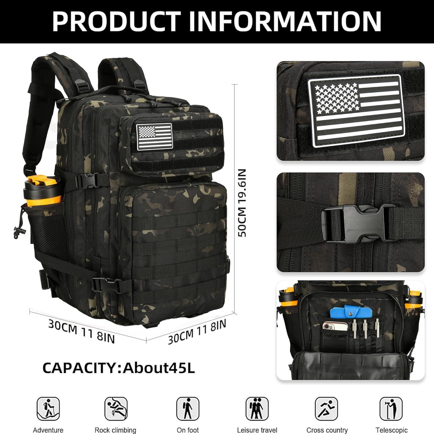 image45L Tactical Assault Backpack 3 day assault pack with Molle Waterproof backpack Rucksack for Tactical Backpacks Red water patternBlack Tie Dye