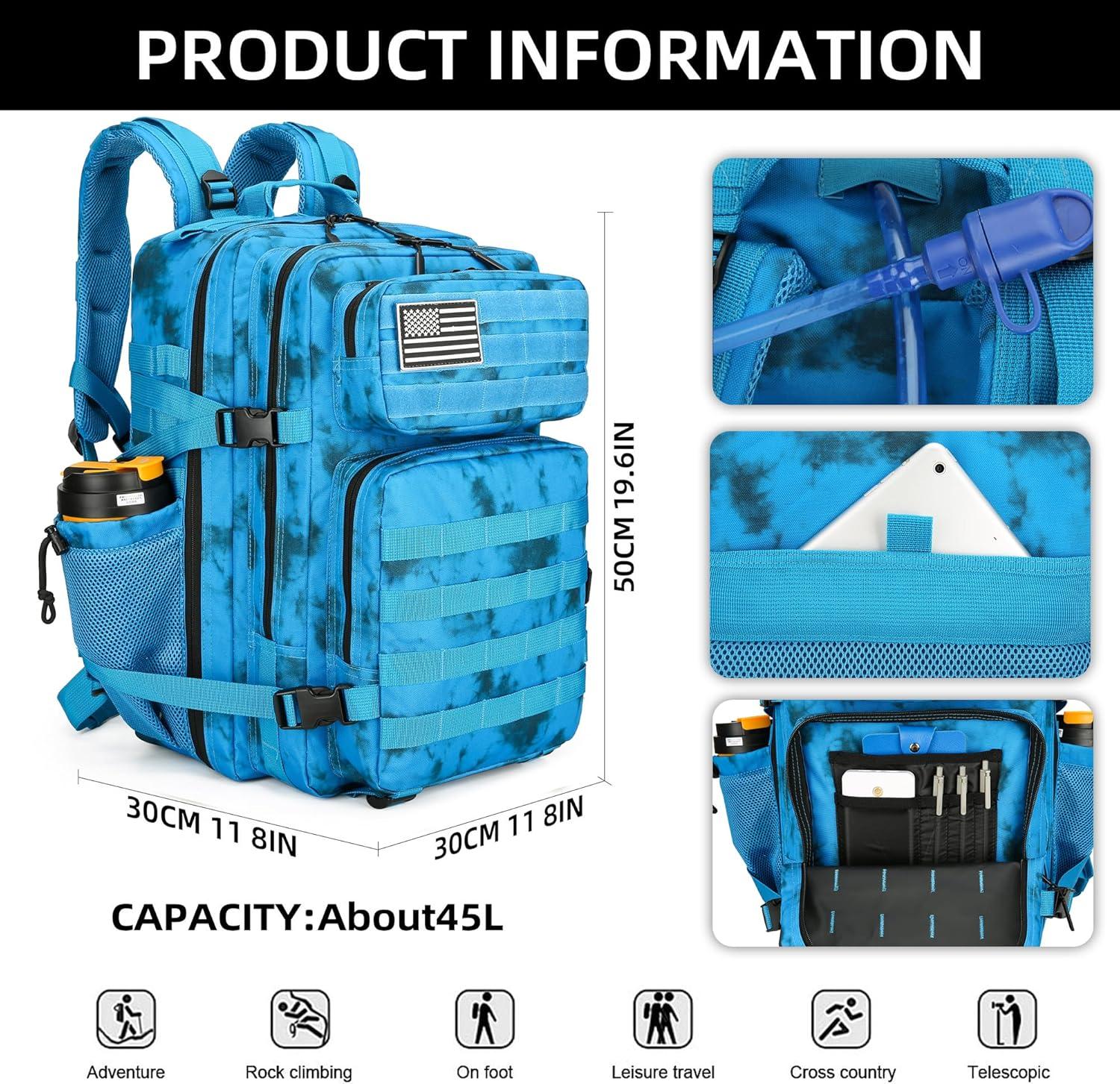 image45L Tactical Assault Backpack 3 day assault pack with Molle Waterproof backpack Rucksack for Tactical Backpacks Red water patternBlue Water Pattern