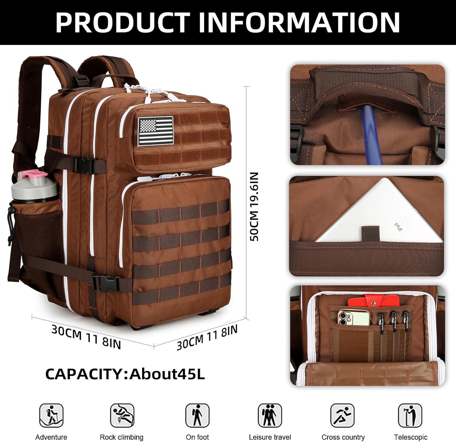 image45L Tactical Assault Backpack 3 day assault pack with Molle Waterproof backpack Rucksack for Tactical Backpacks Red water patternDark Brown