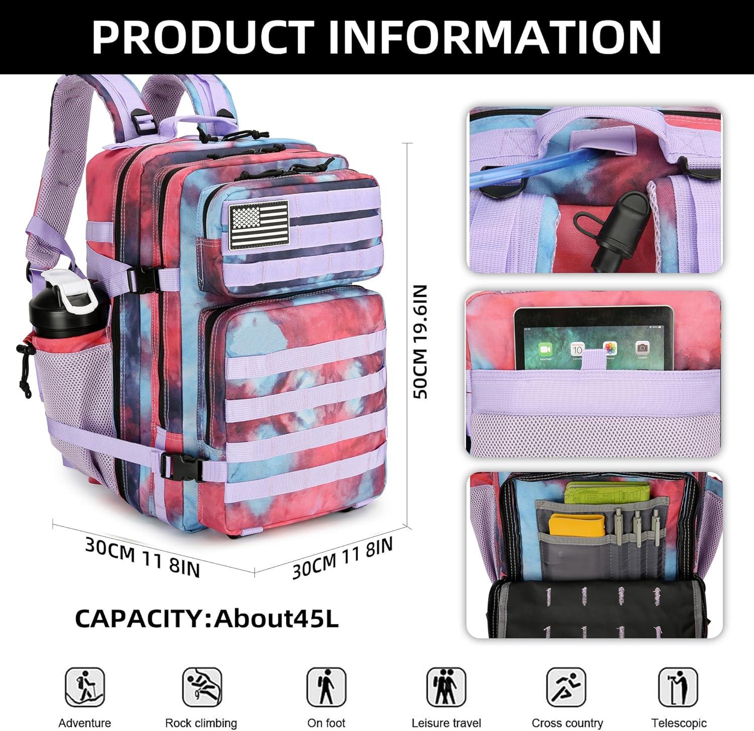 image45L Tactical Assault Backpack 3 day assault pack with Molle Waterproof backpack Rucksack for Tactical Backpacks Red water patternNebula Camo