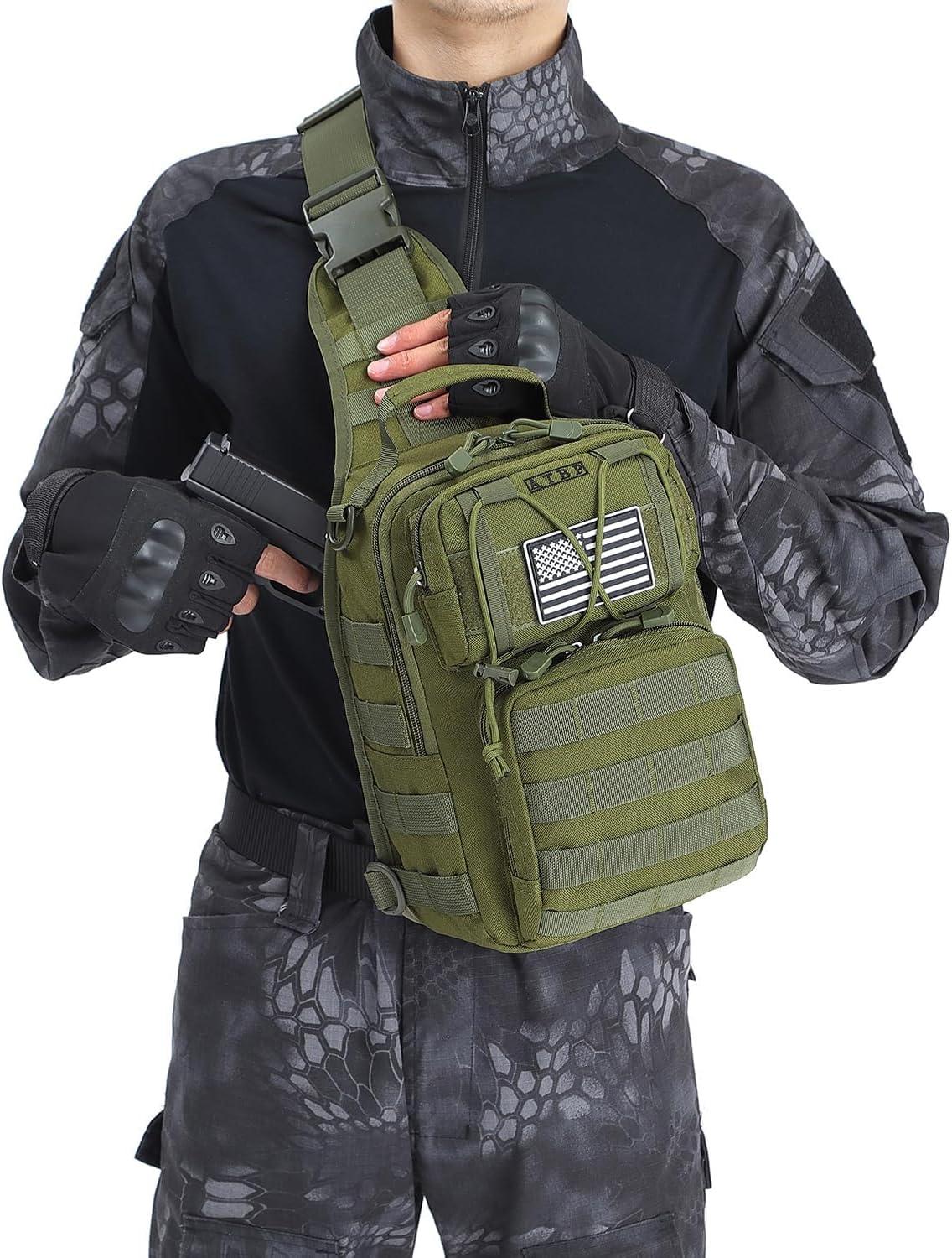 imageATBP Tactical Sling Backpack Bag Pack for Men Military One Strap Shoulder Backpack Crossbody Bag With Holster 10 LitersBlack Green 2