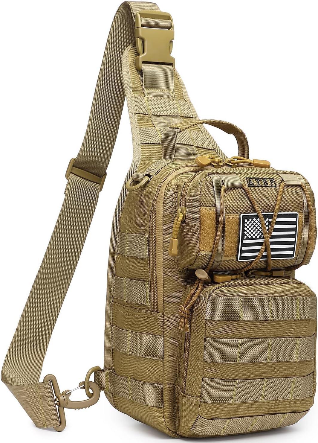 imageATBP Tactical Sling Backpack Bag Pack for Men Military One Strap Shoulder Backpack Crossbody Bag With Holster 10 LitersBlack Tan 2