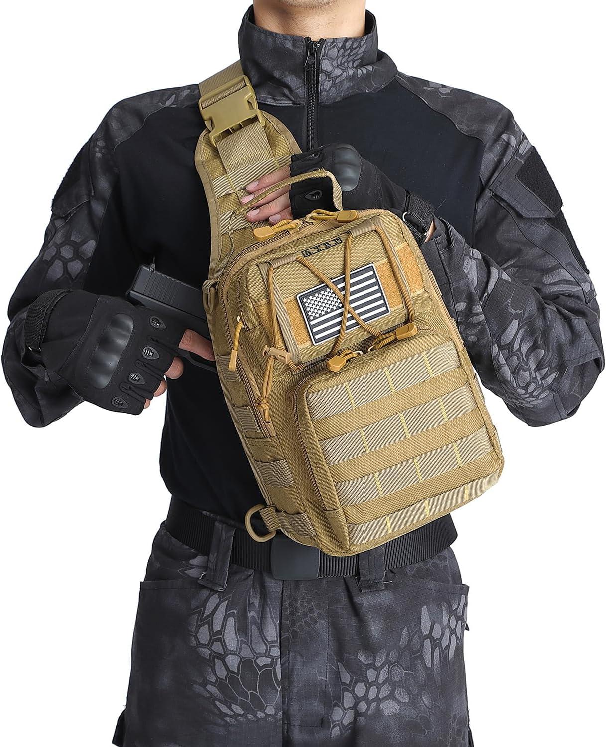 imageATBP Tactical Sling Backpack Bag Pack for Men Military One Strap Shoulder Backpack Crossbody Bag With Holster 10 LitersBrown Tan Khaki
