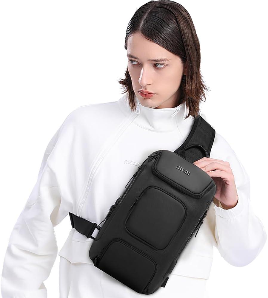 imageBANGE Anti theft Sling Backpack with Lock Mens Sling Bag for Men Shoulder Crossbody Backpack with USB Charging Port for Men and WomenBlack