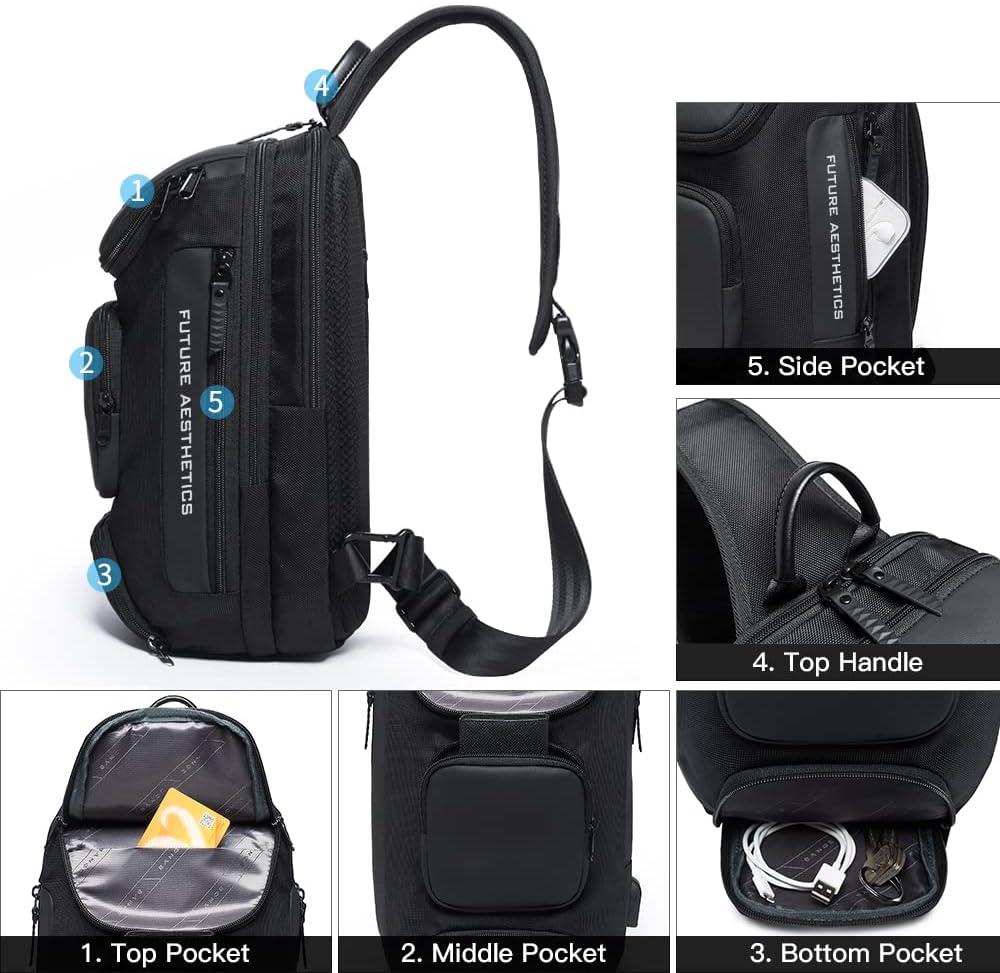 imageBANGE Anti theft Sling Backpack with Lock Mens Sling Bag for Men Shoulder Crossbody Backpack with USB Charging Port for Men and WomenBlack
