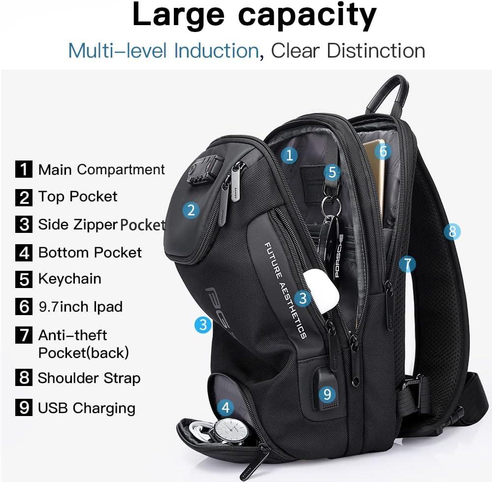 imageBANGE Anti theft Sling Backpack with Lock Mens Sling Bag for Men Shoulder Crossbody Backpack with USB Charging Port for Men and WomenBlack With Lock