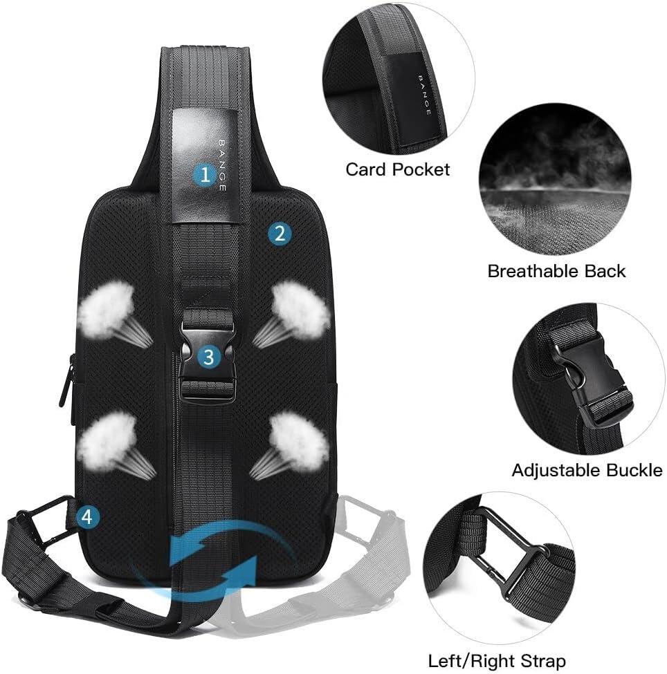 imageBANGE Anti theft Sling Backpack with Lock Mens Sling Bag for Men Shoulder Crossbody Backpack with USB Charging Port for Men and WomenBlack With Lock