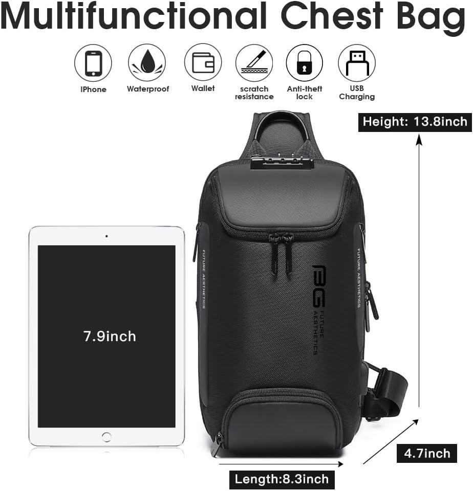 imageBANGE Anti theft Sling Backpack with Lock Mens Sling Bag for Men Shoulder Crossbody Backpack with USB Charging Port for Men and WomenBlack With Lock