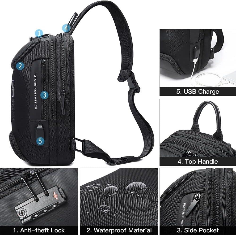 imageBANGE Anti theft Sling Backpack with Lock Mens Sling Bag for Men Shoulder Crossbody Backpack with USB Charging Port for Men and WomenBlack With Lock