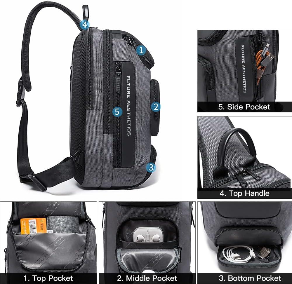 imageBANGE Anti theft Sling Backpack with Lock Mens Sling Bag for Men Shoulder Crossbody Backpack with USB Charging Port for Men and WomenGrey