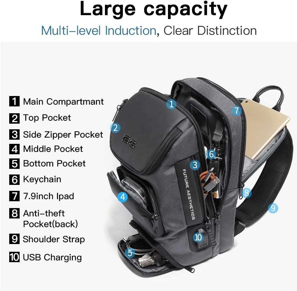 imageBANGE Anti theft Sling Backpack with Lock Mens Sling Bag for Men Shoulder Crossbody Backpack with USB Charging Port for Men and WomenGrey