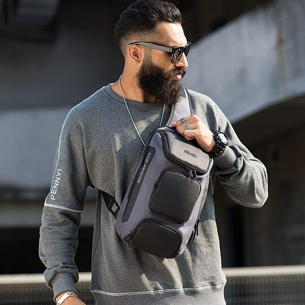 imageBANGE Anti theft Sling Backpack with Lock Mens Sling Bag for Men Shoulder Crossbody Backpack with USB Charging Port for Men and WomenGrey