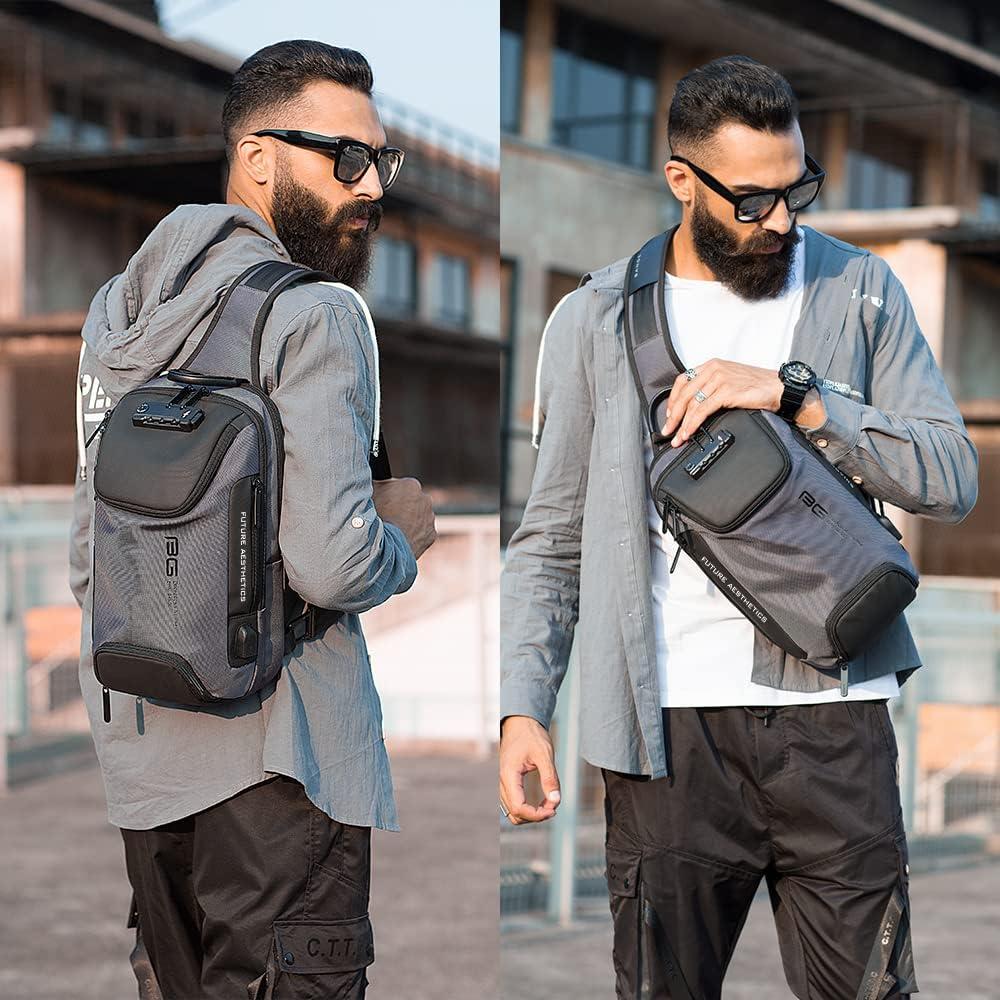 imageBANGE Anti theft Sling Backpack with Lock Mens Sling Bag for Men Shoulder Crossbody Backpack with USB Charging Port for Men and WomenGrey With Lock