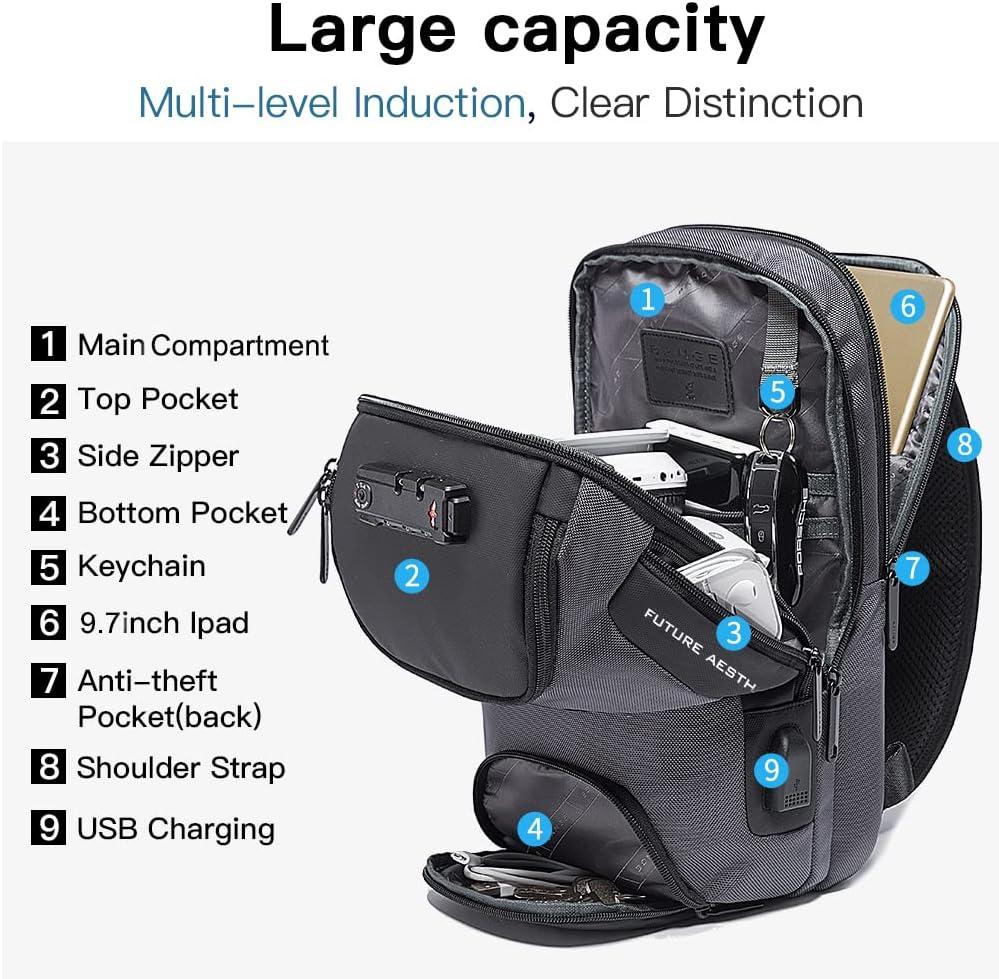 imageBANGE Anti theft Sling Backpack with Lock Mens Sling Bag for Men Shoulder Crossbody Backpack with USB Charging Port for Men and WomenGrey With Lock