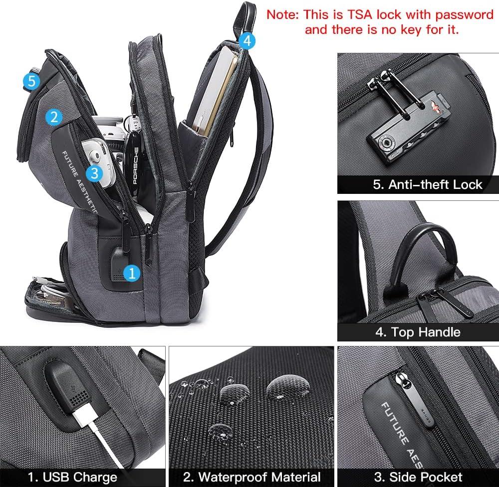 imageBANGE Anti theft Sling Backpack with Lock Mens Sling Bag for Men Shoulder Crossbody Backpack with USB Charging Port for Men and WomenGrey With Lock