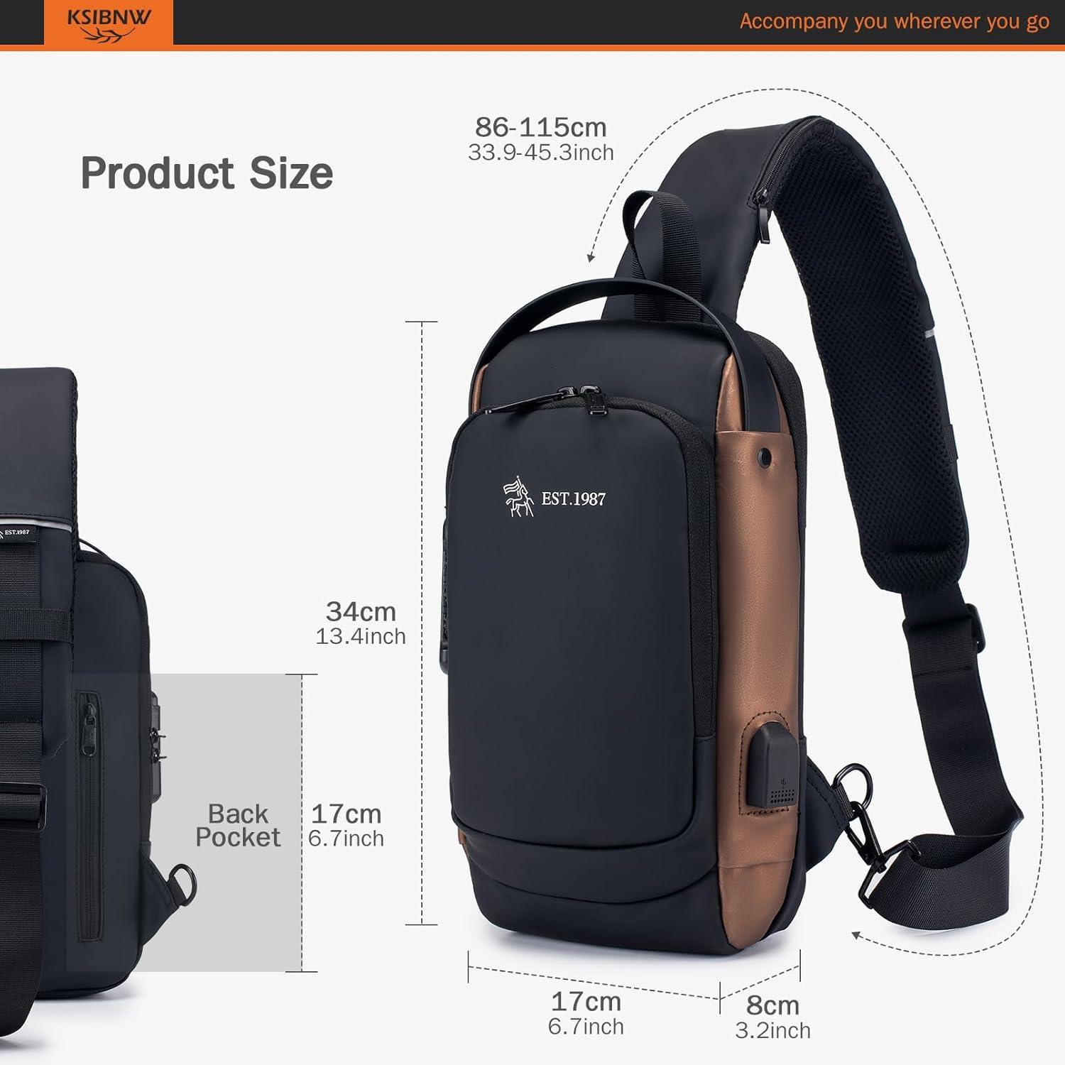 imageKSIBNW Sling Backpack Antitheft Crossbody Chest Sling Bag with USB Charging Port Daypack PU Leather Shoulder Black Daypack Fanny Pack for Women MenGold