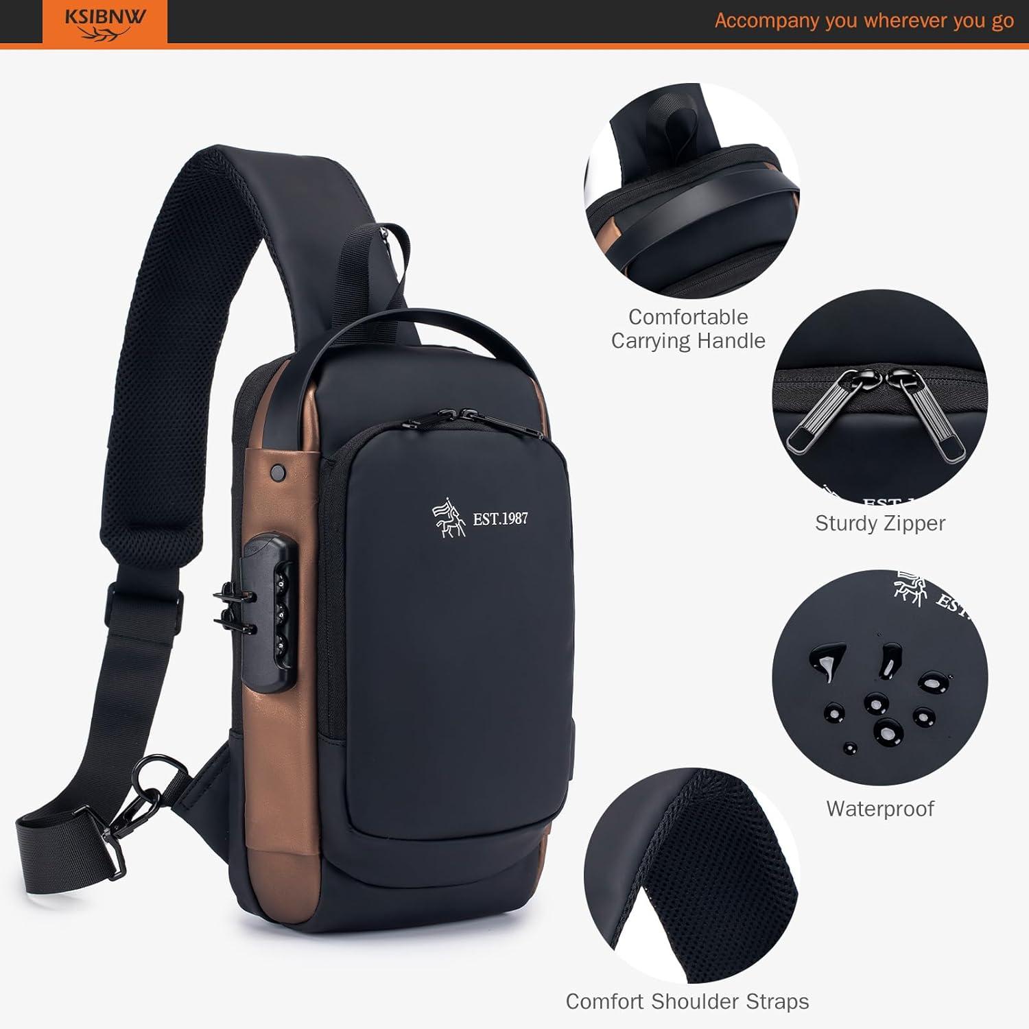 imageKSIBNW Sling Backpack Antitheft Crossbody Chest Sling Bag with USB Charging Port Daypack PU Leather Shoulder Black Daypack Fanny Pack for Women MenGold