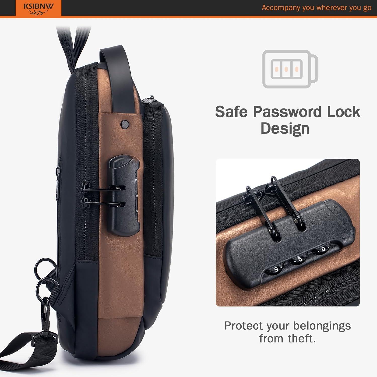 imageKSIBNW Sling Backpack Antitheft Crossbody Chest Sling Bag with USB Charging Port Daypack PU Leather Shoulder Black Daypack Fanny Pack for Women MenGold
