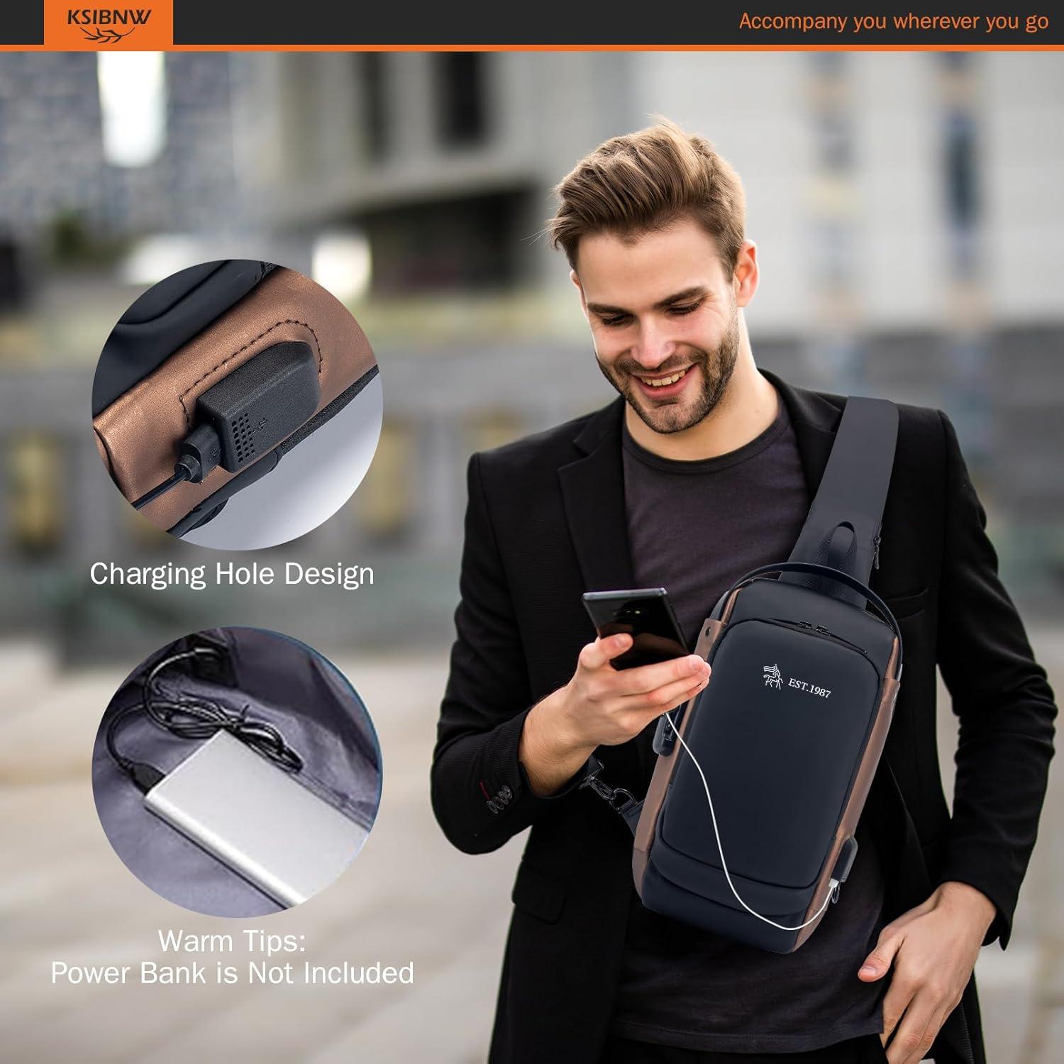 imageKSIBNW Sling Backpack Antitheft Crossbody Chest Sling Bag with USB Charging Port Daypack PU Leather Shoulder Black Daypack Fanny Pack for Women MenGold