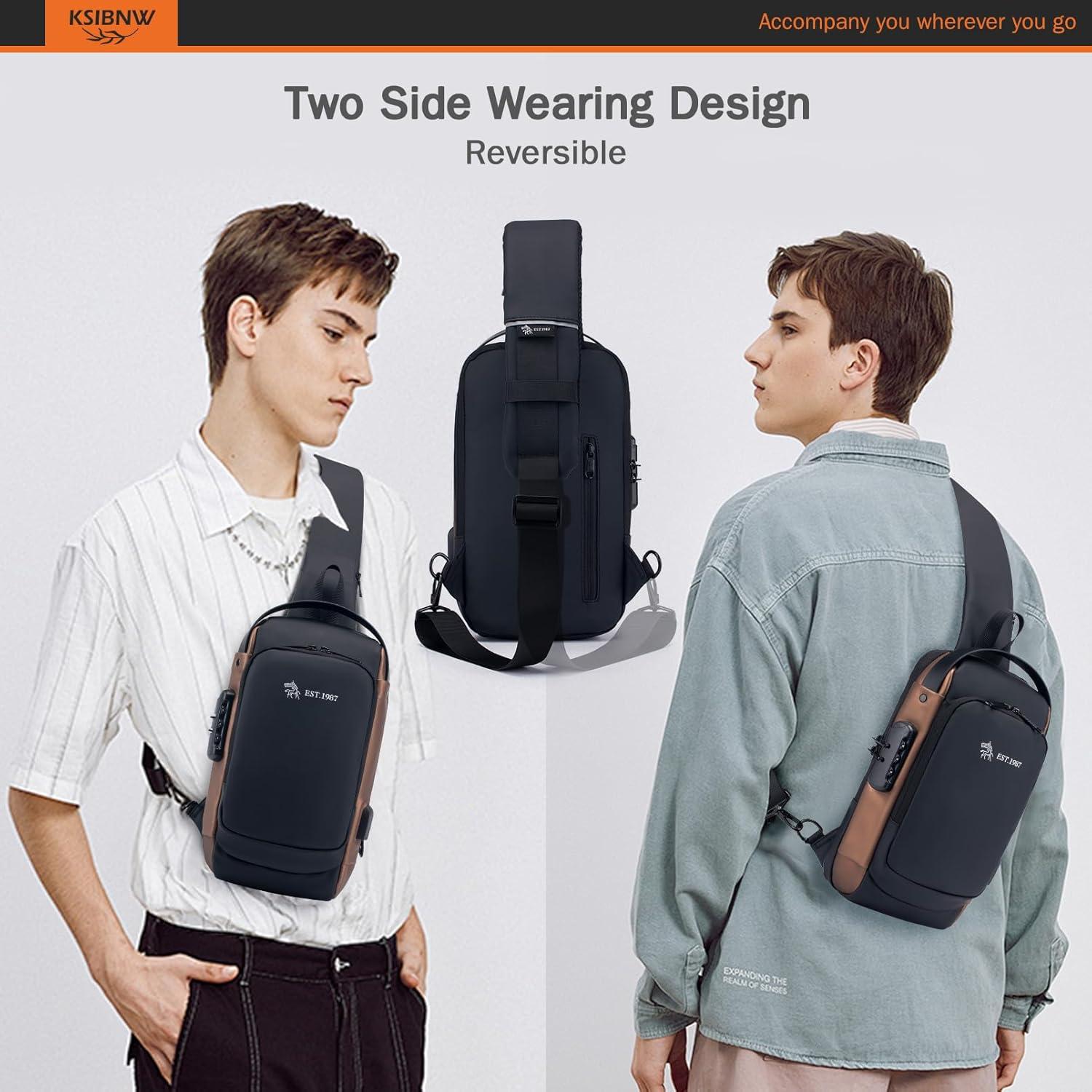 imageKSIBNW Sling Backpack Antitheft Crossbody Chest Sling Bag with USB Charging Port Daypack PU Leather Shoulder Black Daypack Fanny Pack for Women MenGold