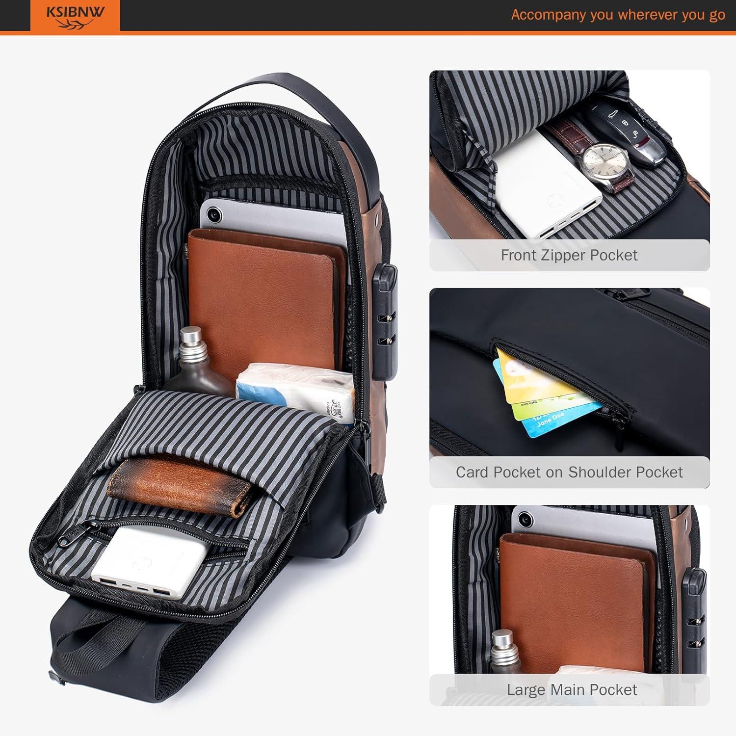 imageKSIBNW Sling Backpack Antitheft Crossbody Chest Sling Bag with USB Charging Port Daypack PU Leather Shoulder Black Daypack Fanny Pack for Women MenGold