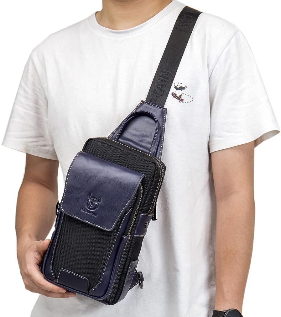 imageLeather Sling Bag Backpack for Men Women Crossbody Shoulder Chest Day Pack Outdoor Travel Camping Tactical Daypack17black Navy