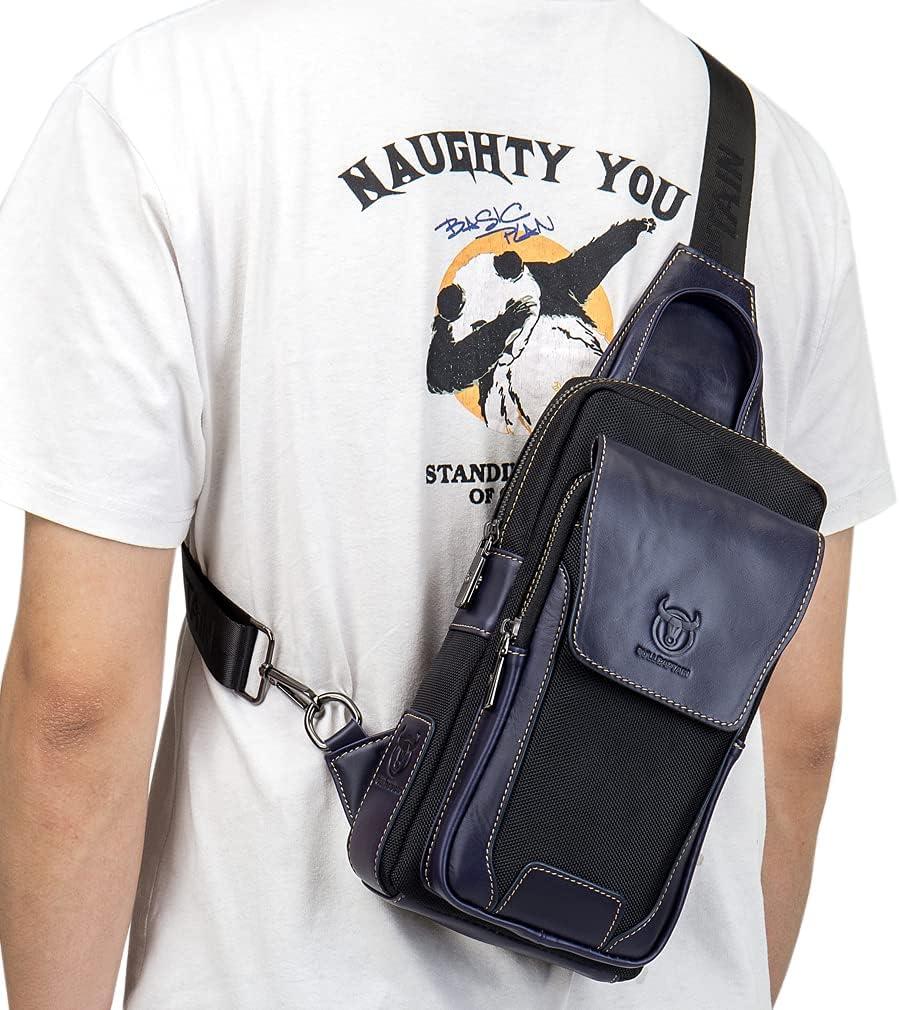 imageLeather Sling Bag Backpack for Men Women Crossbody Shoulder Chest Day Pack Outdoor Travel Camping Tactical Daypack17black Navy