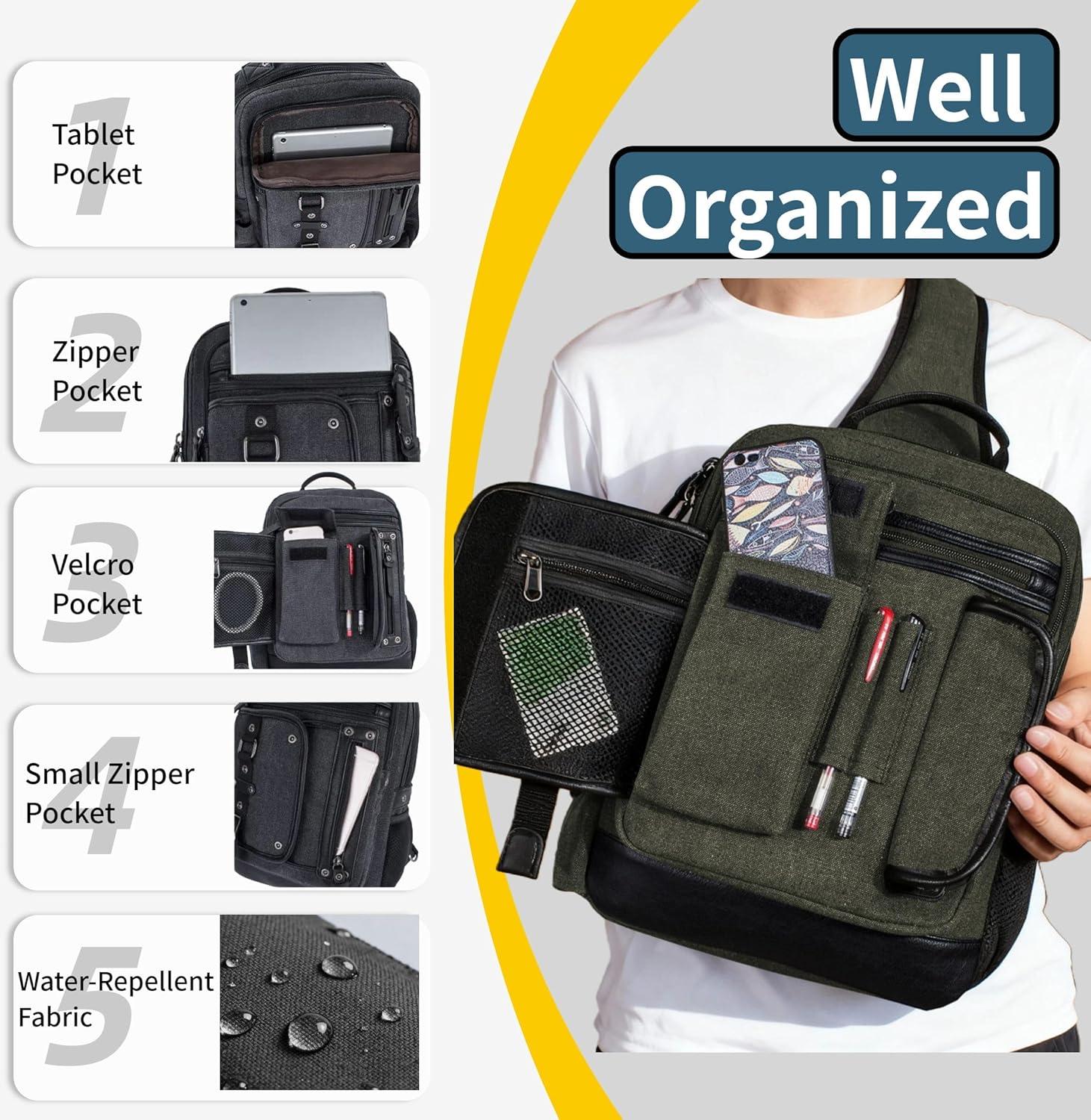 imageSchkleier Messenger Bag for Men Canvas Sling Bag Crossbody Backpack Laptop Shoulder Bag Hiking Daypacks Casual TacticalArmy Green