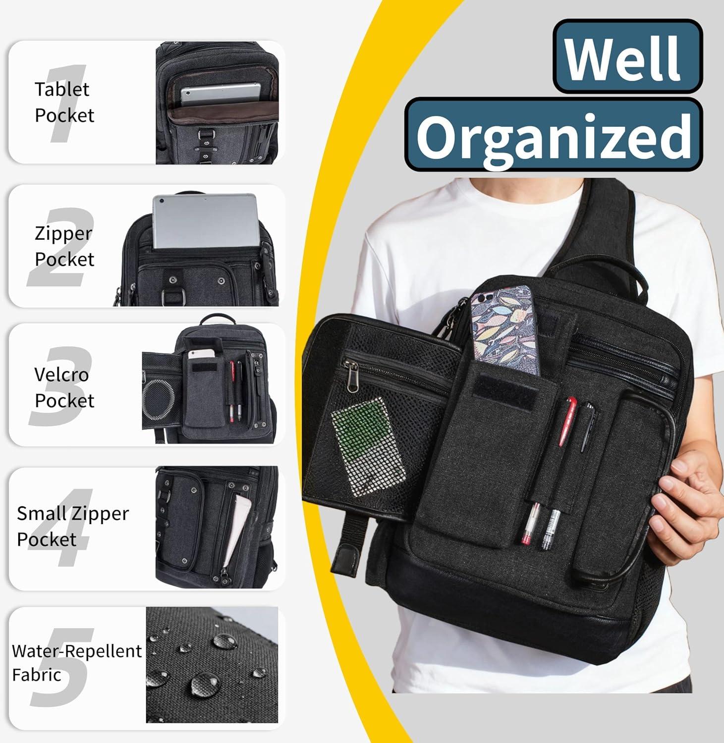 imageSchkleier Messenger Bag for Men Canvas Sling Bag Crossbody Backpack Laptop Shoulder Bag Hiking Daypacks Casual TacticalBlack