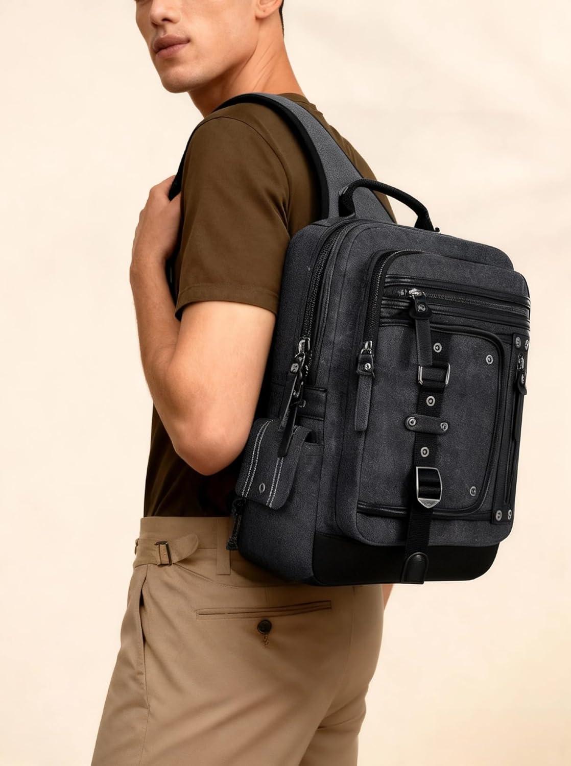 imageSchkleier Messenger Bag for Men Canvas Sling Bag Crossbody Backpack Laptop Shoulder Bag Hiking Daypacks Casual TacticalBlack