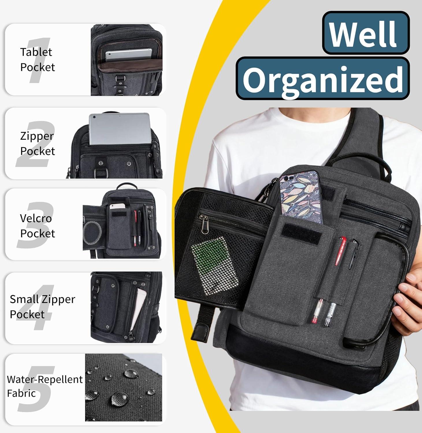 imageSchkleier Messenger Bag for Men Canvas Sling Bag Crossbody Backpack Laptop Shoulder Bag Hiking Daypacks Casual TacticalGrey