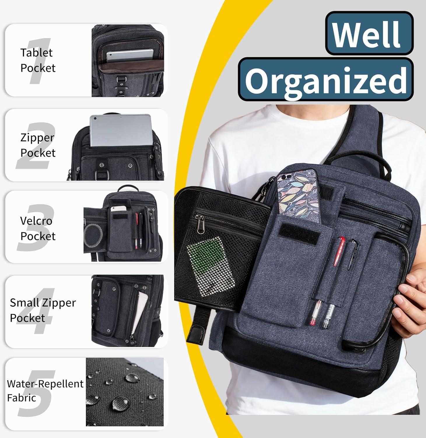 imageSchkleier Messenger Bag for Men Canvas Sling Bag Crossbody Backpack Laptop Shoulder Bag Hiking Daypacks Casual TacticalNavy Blue