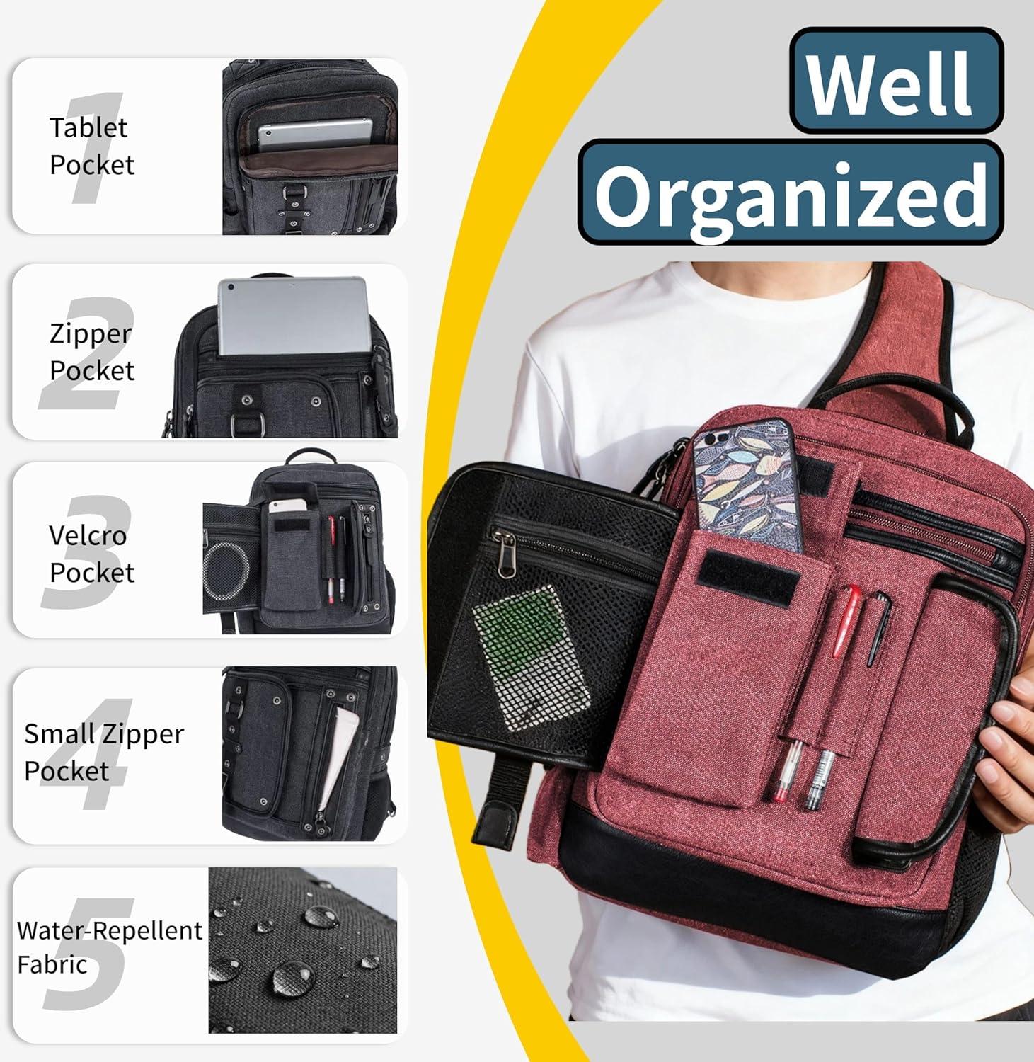 imageSchkleier Messenger Bag for Men Canvas Sling Bag Crossbody Backpack Laptop Shoulder Bag Hiking Daypacks Casual TacticalWine Red
